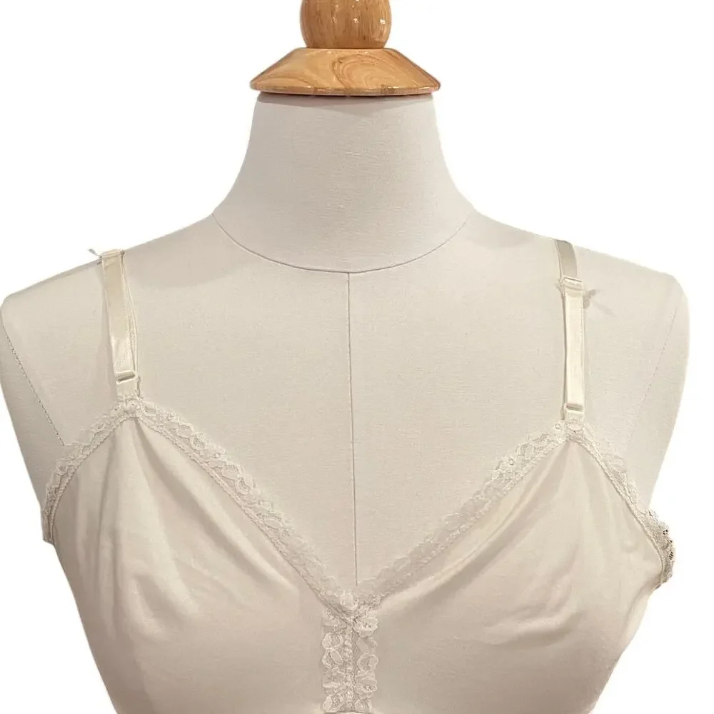 Vintage 80s Sears Ivory Satin Slip Dress, Lace Trim, Size 36, M